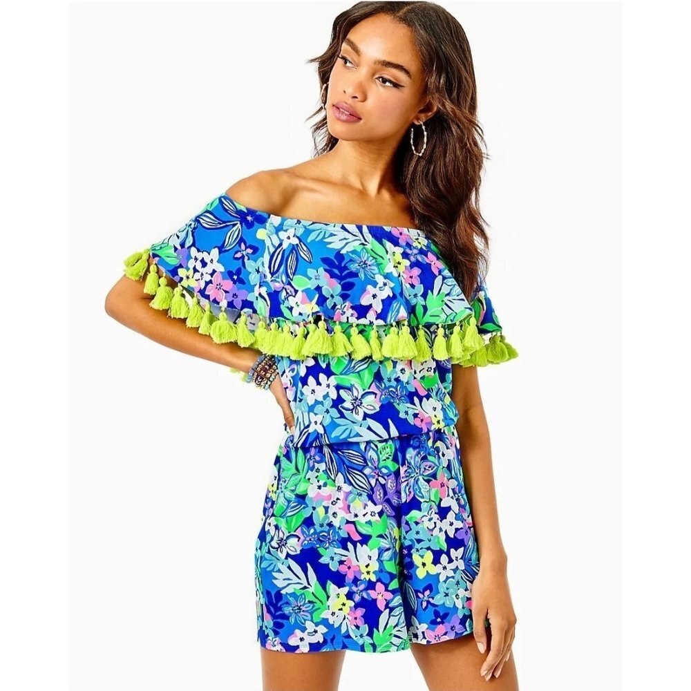 Lilly Pulitzer La Fortuna Romper in Borealis Blue Social Sunset Size XS NWT